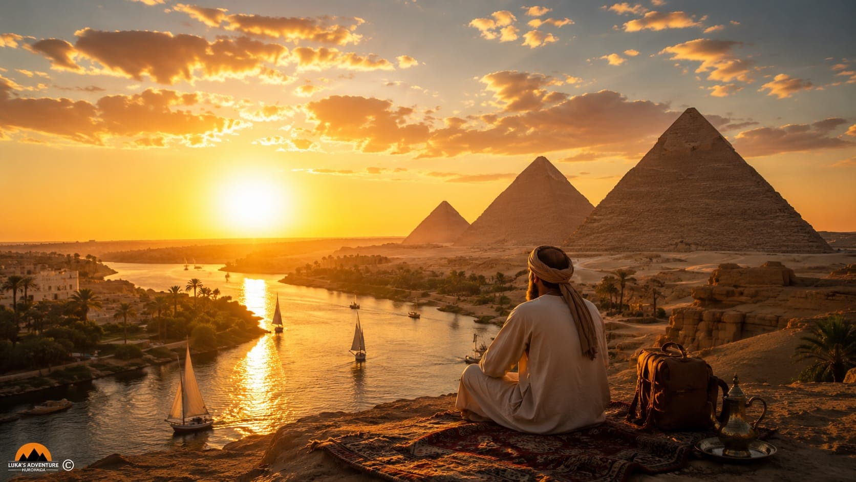 Coucher de soleil sur le Nil avec les pyramides de Gizeh